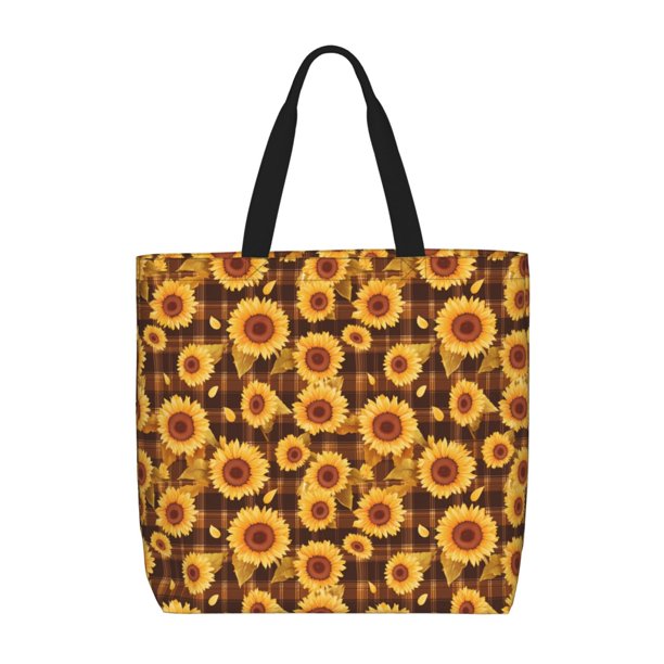 Easygdp Vintage Brown Plaid Sunflower Bolsa Tote para Mujer, Bolso de Hombro para Trabajo, Playa, Viajes, Compras y Supermercado