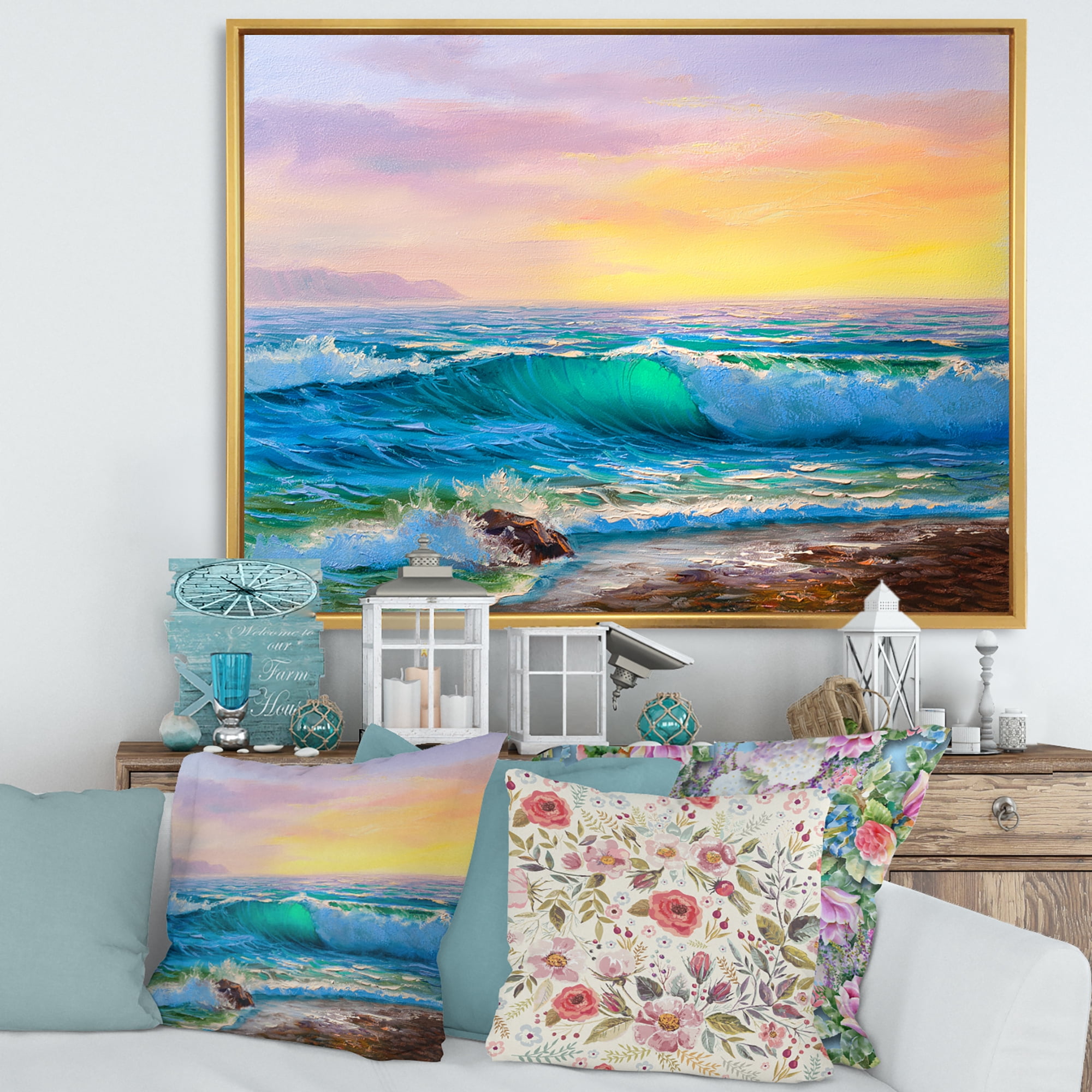 Designart 'Blue Waves Breaking At The Beach Landscape IV' Nautical & Coastal Framed Canvas Wall Art Print
