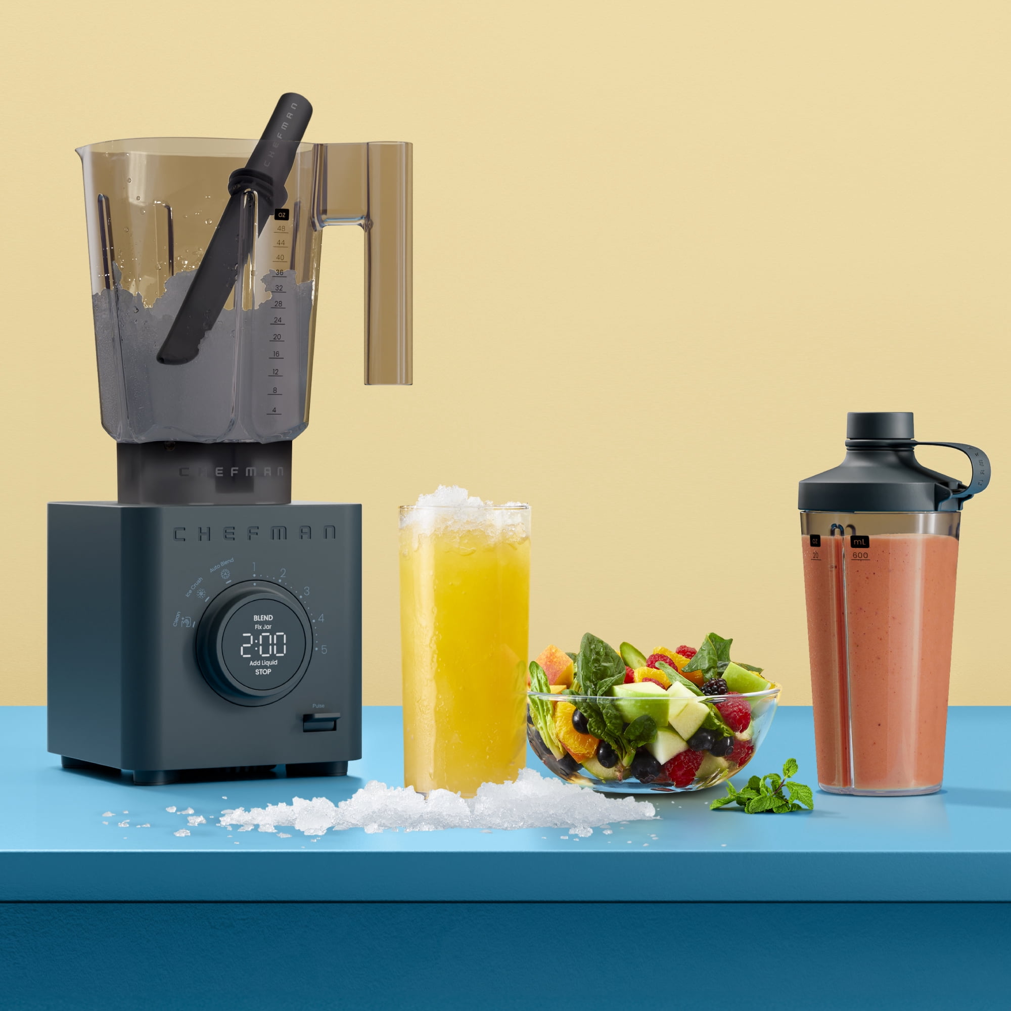 Chefman Obliterator 48oz Countertop Blender, Two 20oz Travel Jars and Tamper/Scraper – Midnight