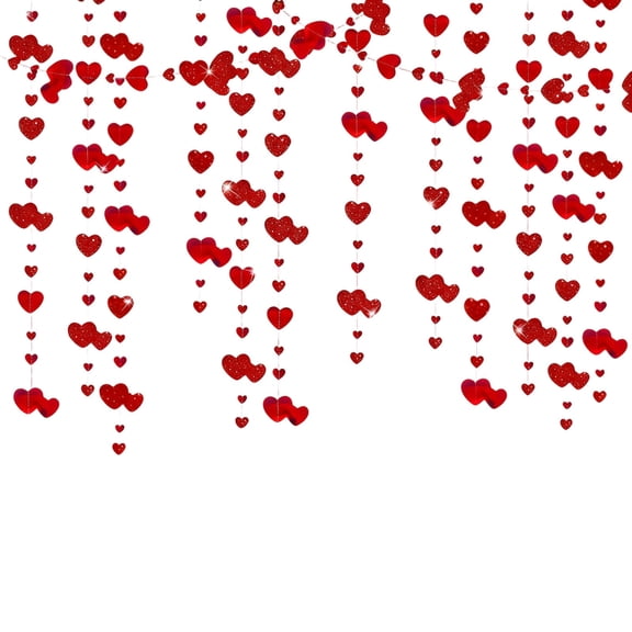 Heart Garland 5 Pack, Valentine’s Day Decorations with Glitter & Mirror Paper, Asymmetrical Red Hanging Banners for Wedding, Galentine’s Party, 157.5 Inch Long