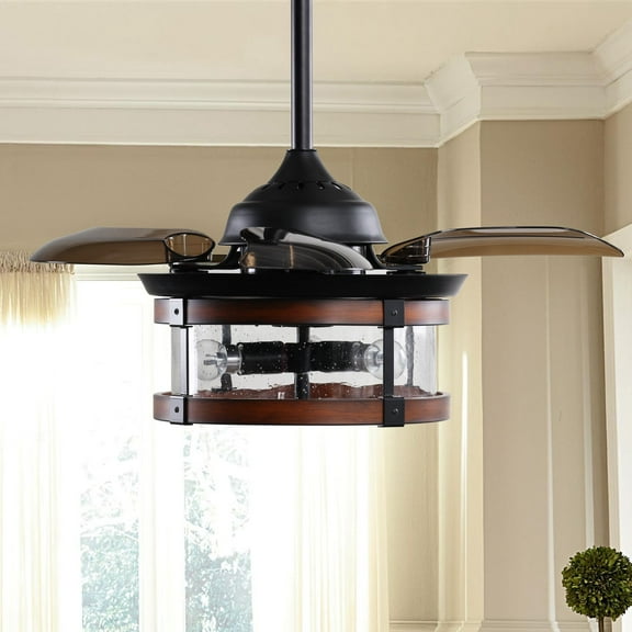 Industrial 3-Blade 3-Light Black and Brown Retractable Caged Ceiling Fan with Light Kit and Remote - 36 Inches