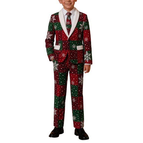 Tisuna Christmas Suit Set Boys Plaid Snowflake Print Jackets And Pants With Tie Clothes Set Theme Party Formal Outfits For Child Age 4-14 Years Dark Green