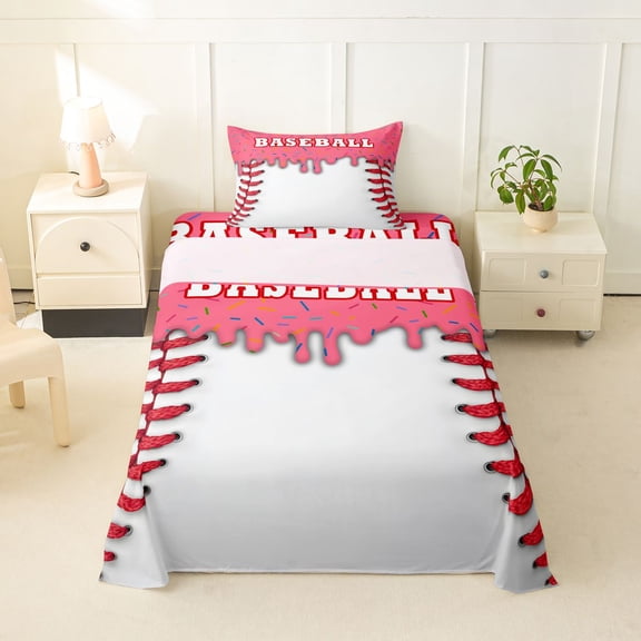 Feelyou Pink Baseball Sport Twin Sheets for Kids, Sprinkle Ice Cream Drip Bedding, 3 Pieces, 1 Flat Sheet, 1 Fitted Sheet and 1 Pillowcase