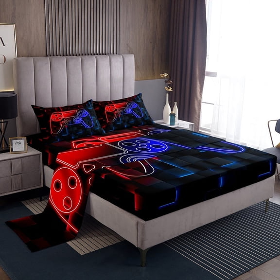 Erosebridal Gradient Gamer Sheet Set Twin,Neon Gamepads Bedding Sets Twin Size,Video Game Twin Sheet Sets,Lightweight Geometric Room Decoration,3pcs