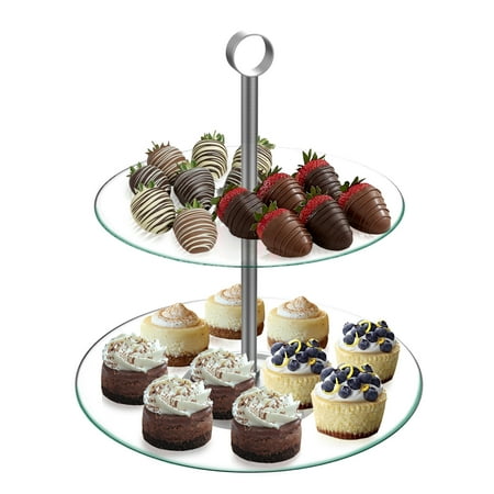 

Dessert Tower-Two Tier Round Glass Display Stand for Cookies Cupcakes Pastries Hors d’oeuvres and Appetizers Great for Parties by Chef Buddy