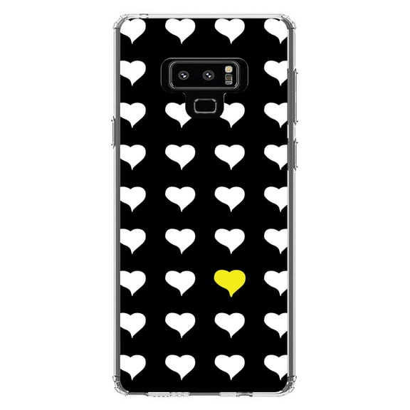 DistinctInk Clear Shockproof Hybrid Case for Samsung Galaxy Note 9 - TPU Bumper, Acrylic Back, Tempered Glass Screen Protector - Yellow White Black Repeating Hearts