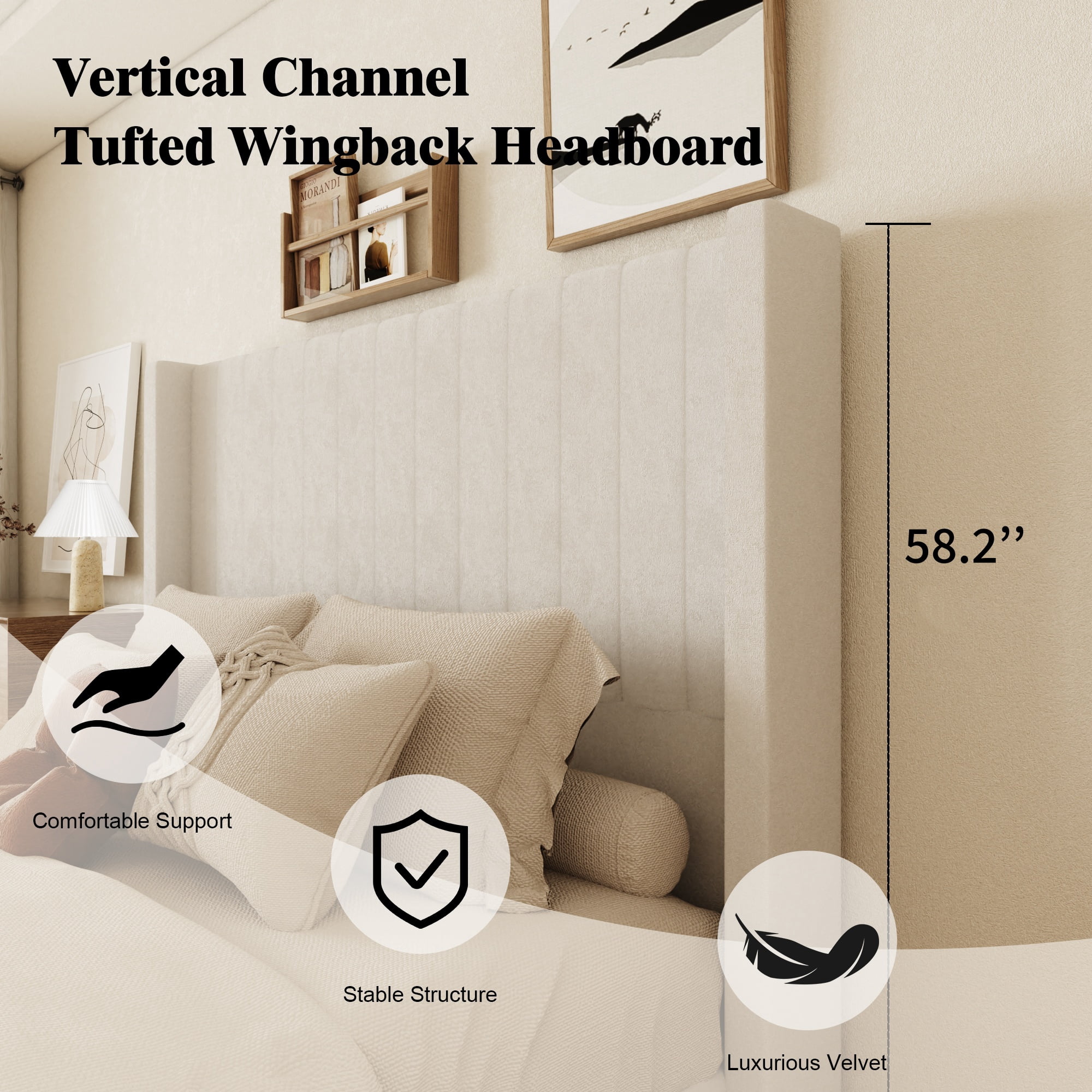 Queen Size Bed Frame, Upholstered Platform Bed with 58.2" Tall Headboard & Footboard, Soft Velvet Fabricbed Bed, Easy Assembly, Beige