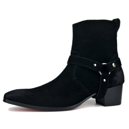 

OSSTONE Dress Boots Chelsea Designer Boots for Men Zipper-up Leather Casual Heel Shoes JY002-BlackSuede-Belt-7.5 Belt Suede Black