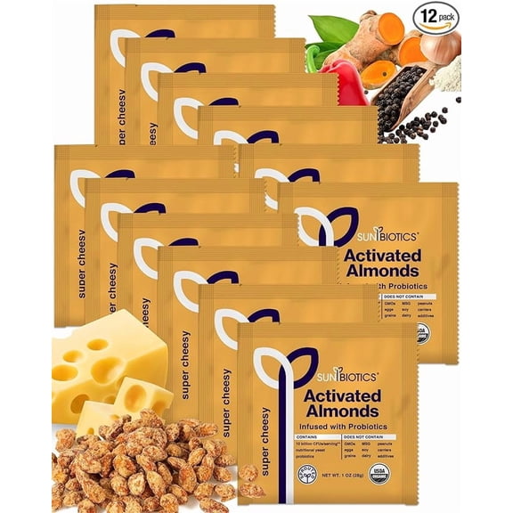 Sunbiotics - Activated Almonds: Probiotic Almonds - Super Cheesy, 1oz, 12 Pack