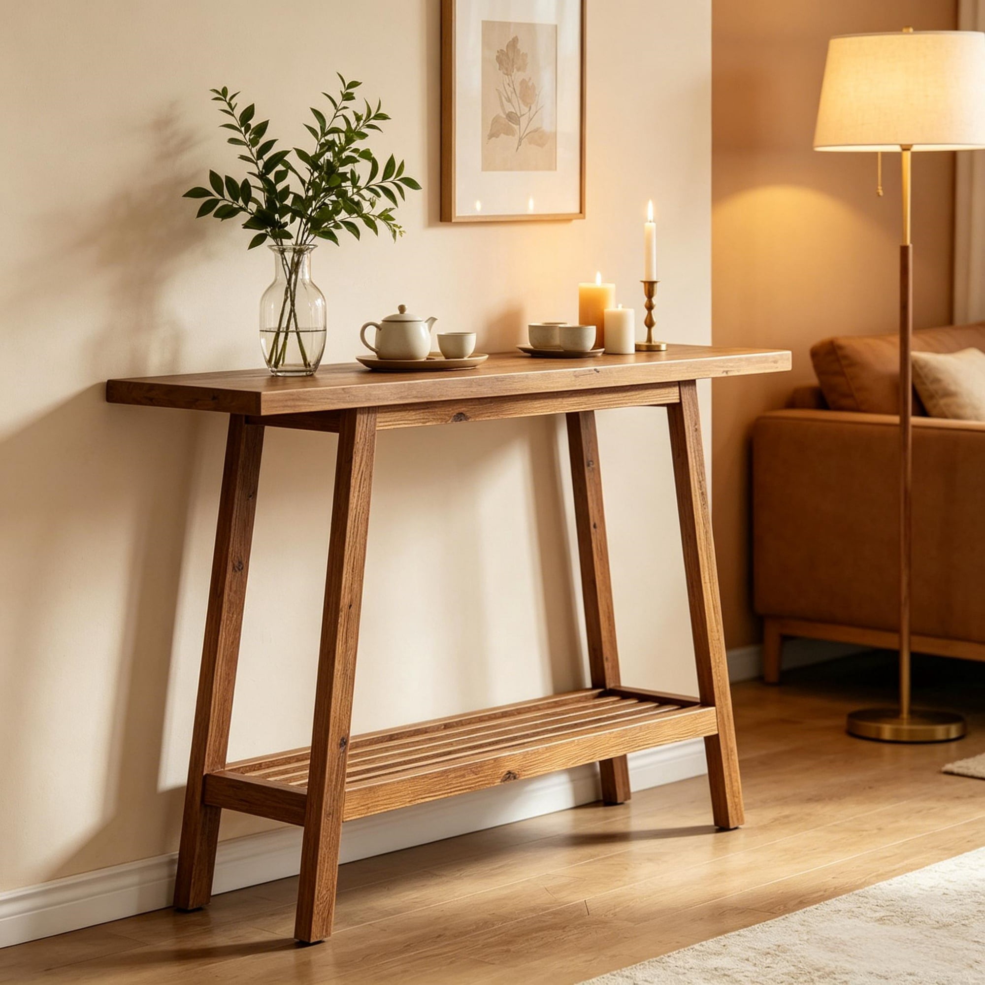 Farmhouse Solid Wood 2-Tier Slim Console Table, Rustic Vintage Entryway Sofa Table with Adjustable Anti-Slip Pads for Hallway Living Room Decor Storage