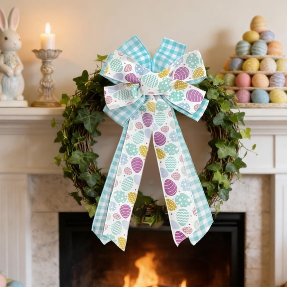 Todaioua Large Easter Bows for Wreath 25x11 Inch, Pre-Tied Easter Egg Wired Ribbon Bow, Big Tree Topper Bow for Front Door Indoor Outdoor Spring Summer Decoration