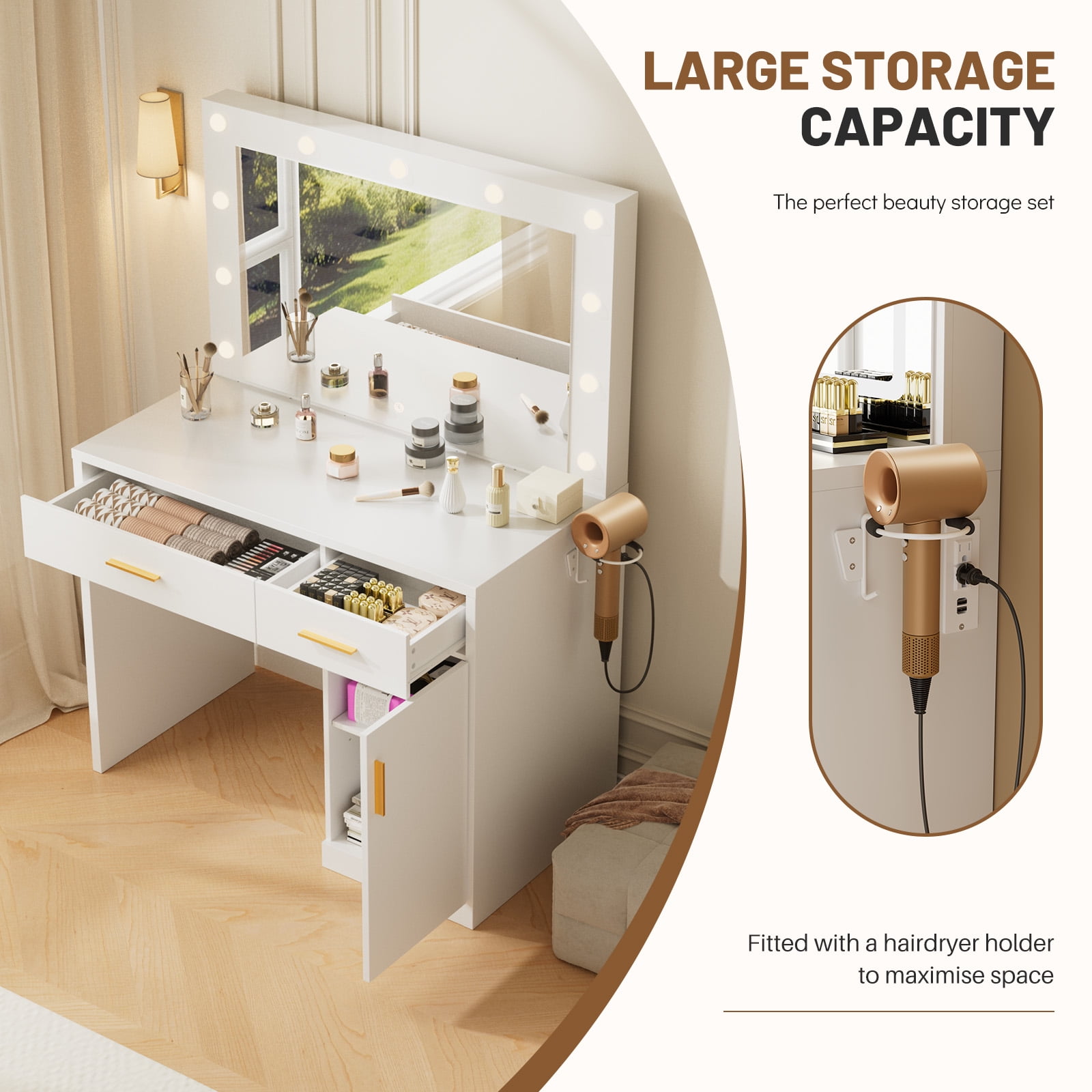 ZUNMOS Vanity Desk with Mirror and Lights, Makeup Vanity Table with Hair Dryer & Power Outlet, 2-Drawer Dressing Table for Bedroom,White