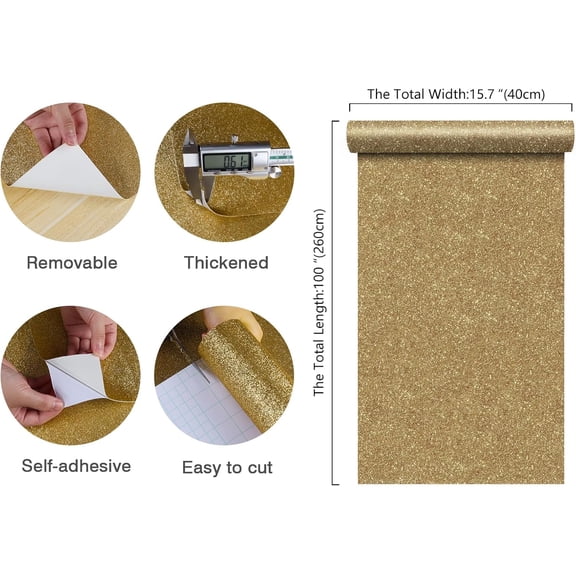 YJYASX-Champagne Gold Glitter Contact Paper Peel and Stick Wallpaper Sparkle Glitter Removable Self Adhesive Wallpaper Textured Fabric Wall Paper Roll for Bedroom Walls Cabinets Dresser 15.7''x100''