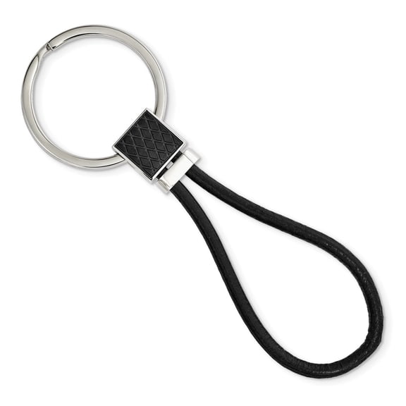 Stainless Steel Polished Black IP-plated and Black Leather Key Chain; for Adults and Teens; for Women and Men