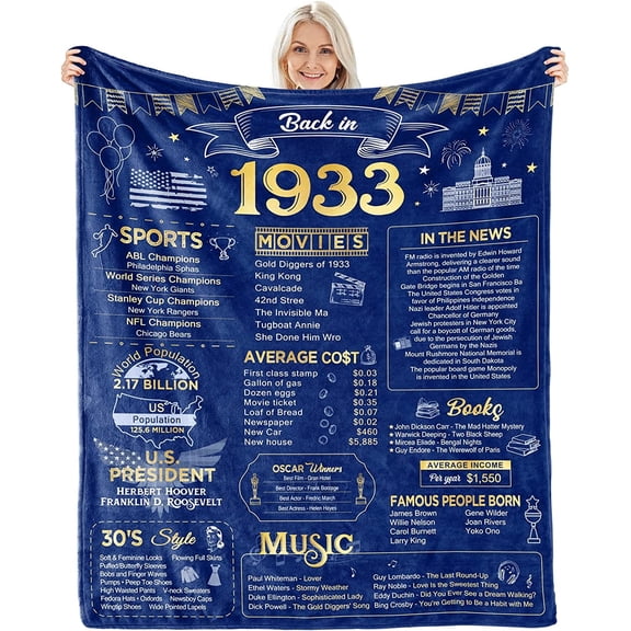 Happy 90th Birthday Gifts for Men Women Blanket 1933 90th Birthday Decorations Turning 90 Year Old Bday Gift Idea for Grandparents Dad Mom Back in 1933 Throw Blanket for Bed Sofa 80Lx60W Inch