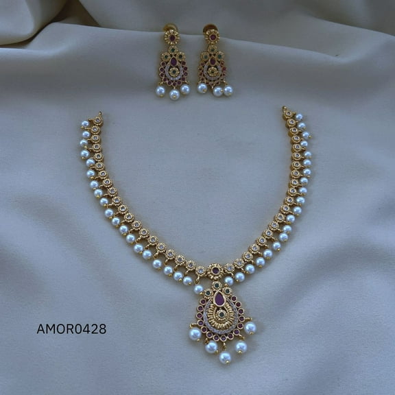 Antique Gold Plated Ruby CZ Short Necklace with Chandbali Stud Earrings - Pearl Necklace Indian Style, South Indian Jewelry Set