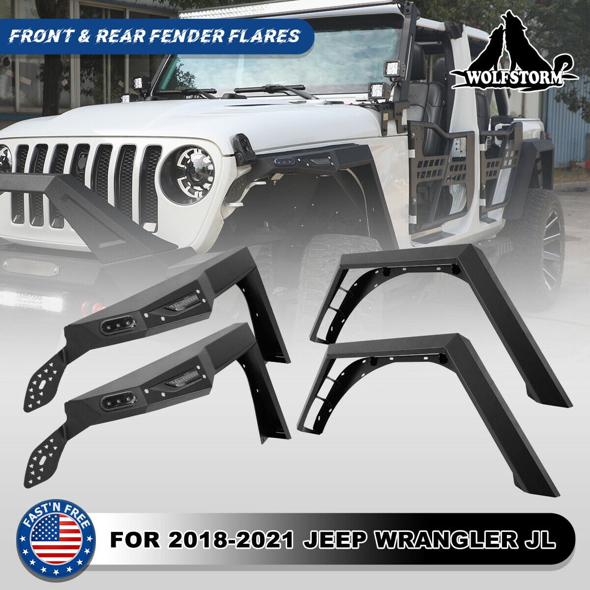 WOLFSTORM Front&Rear Fender Flares Fit for 2018-2021 Jeep Wrangler JL 4  Doors/2 Door,LED DRL Lights and Sequential LED Turn Lights,Jeep Wrangler  JL/JLU Fender Flares Replacement Exterior Accessories 