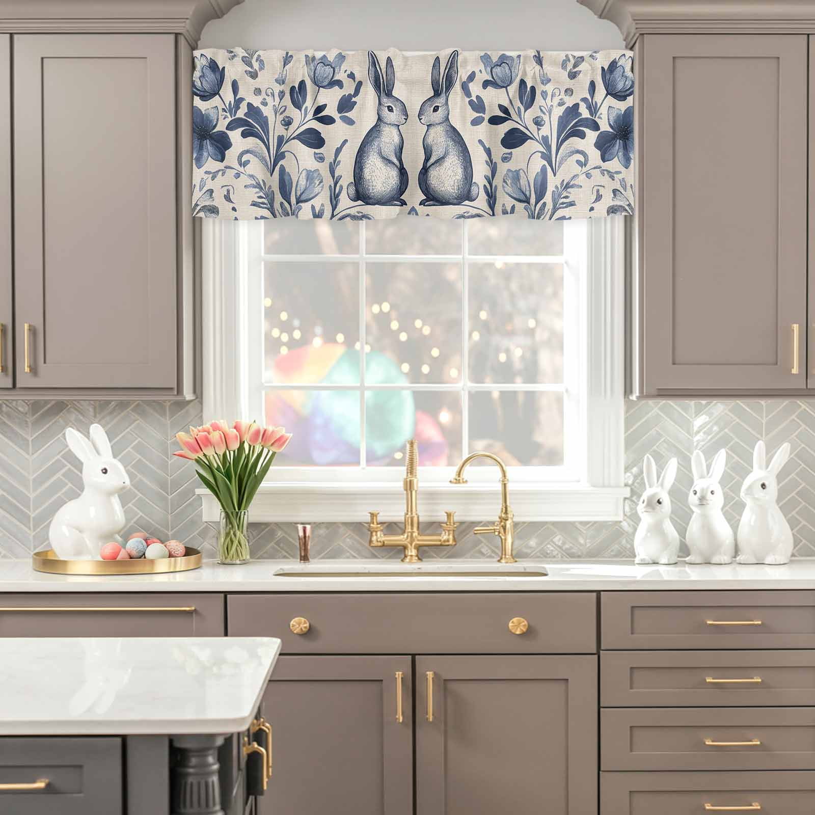Easter Rabbits Valances for Windows, Cute Blue Bunny Watercolor Boho Floral Leaf Linen Texture Valance Window Treatment Rod Pocket Short Curtains Valances for Kitchen Bathroom 60"W x18"L