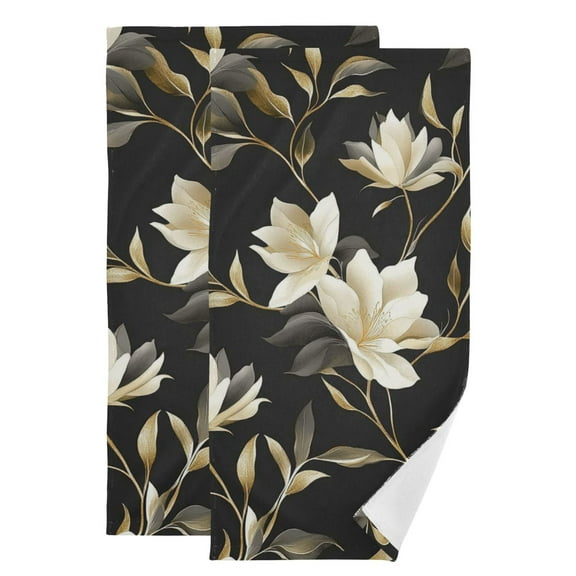 White Floral Pattern on Black Hand Towel Absorbent Bath Towels for Bathroom Sports Gym(28.3" X 14.4") Set of 2