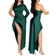 thumbnail image 2 of Womens Wedding Guest Maxi Dress Fall One Shoulder Sleeve Satin Bodycon High Split Cocktail Formal Prom Dresses Dark Green XL, 2 of 7