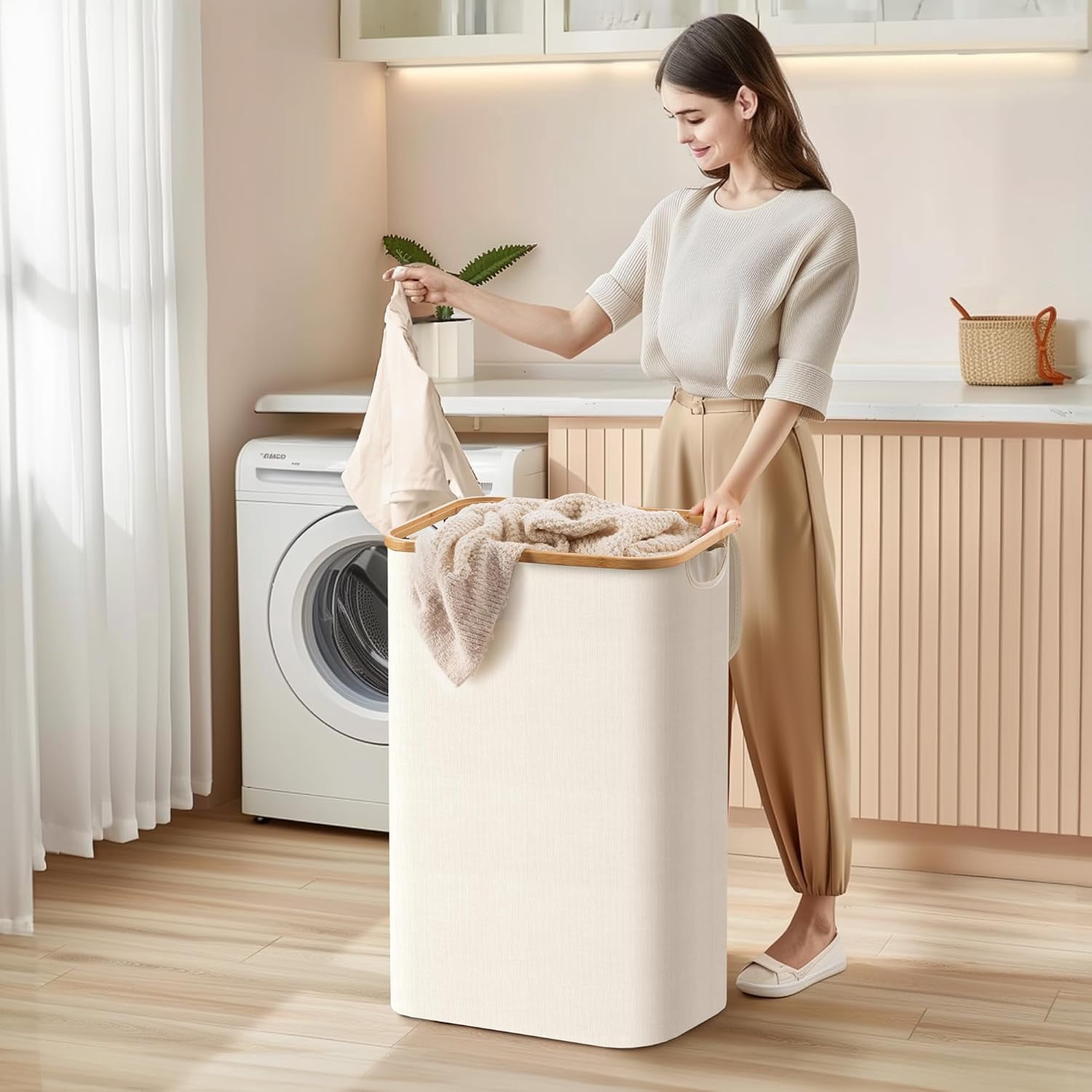 HBlife 60L Slim Laundry Hamper with Lid and Removable Inner Bag,Beige