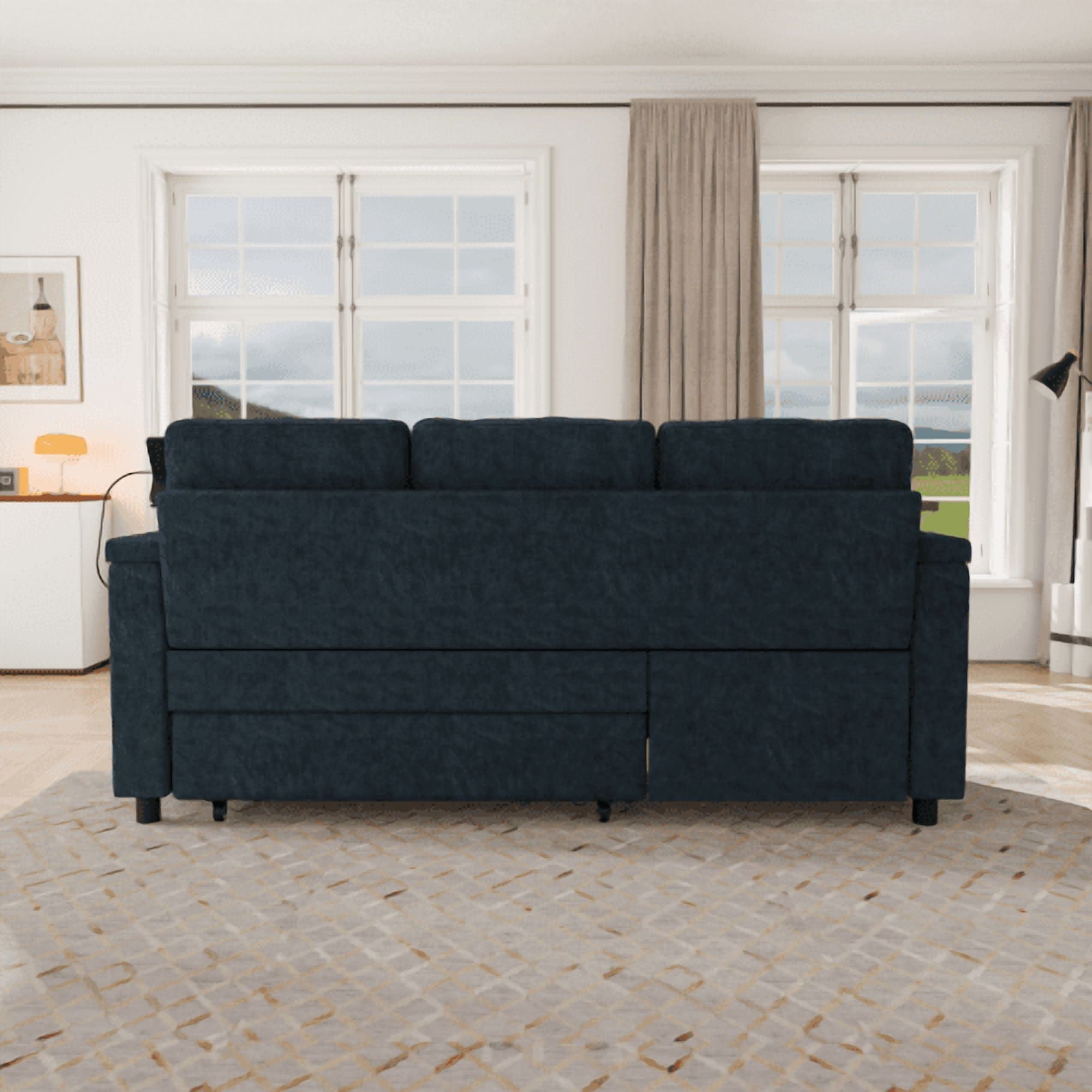 81" 3-in-1 Convertible Sofa Bed, Electric Recliner & Sleeper with Table, USB Ports, Storage Armrests, Chenille, 6 Adjustable Positions, Blue