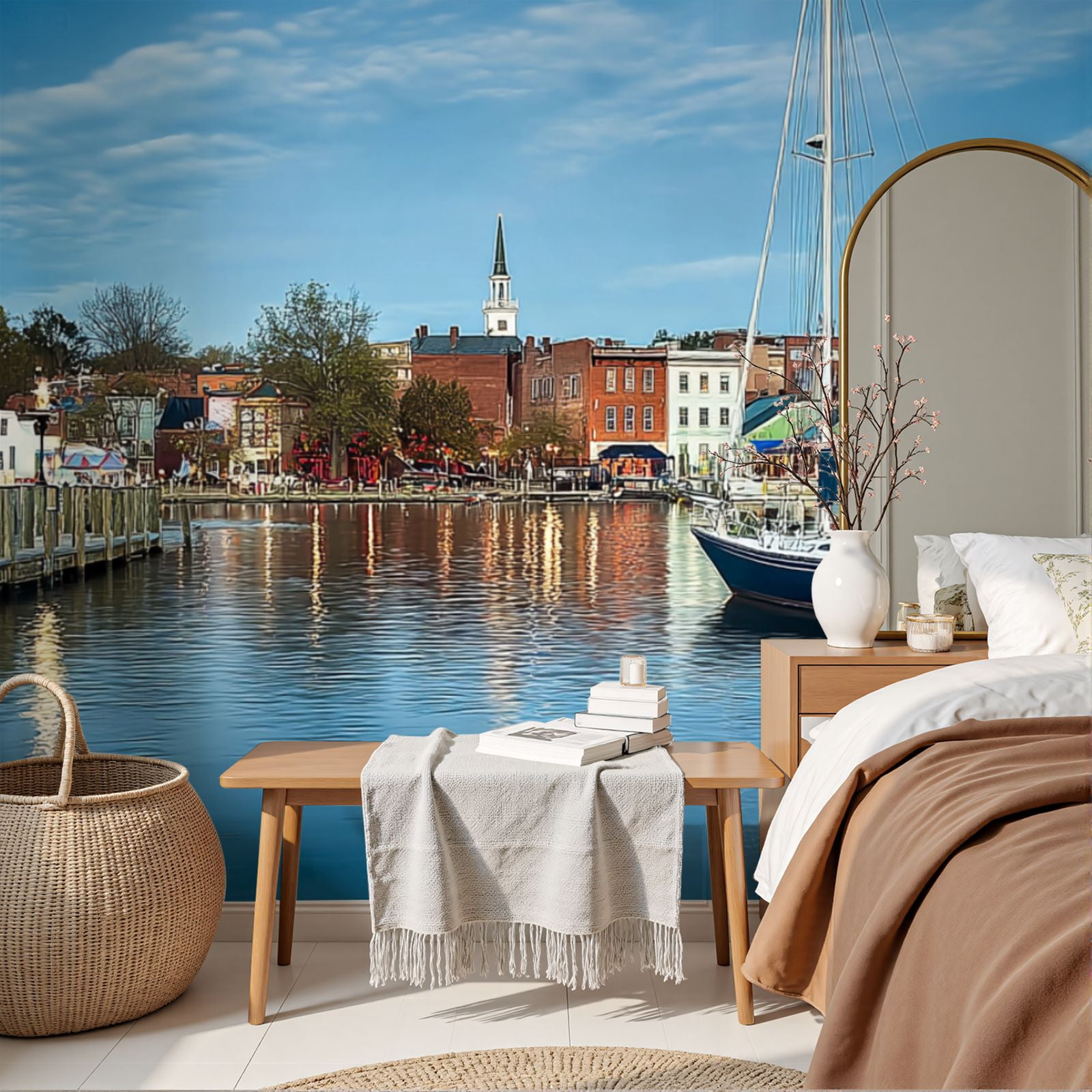 Wallpaper View boats by Annapolis Harbor city Peel and Stick Wall Murals 69"H x 96"W Removable PVC Wall Paper Self-Adhesive Wall Paintings Art Decor for Bedroom Living Room