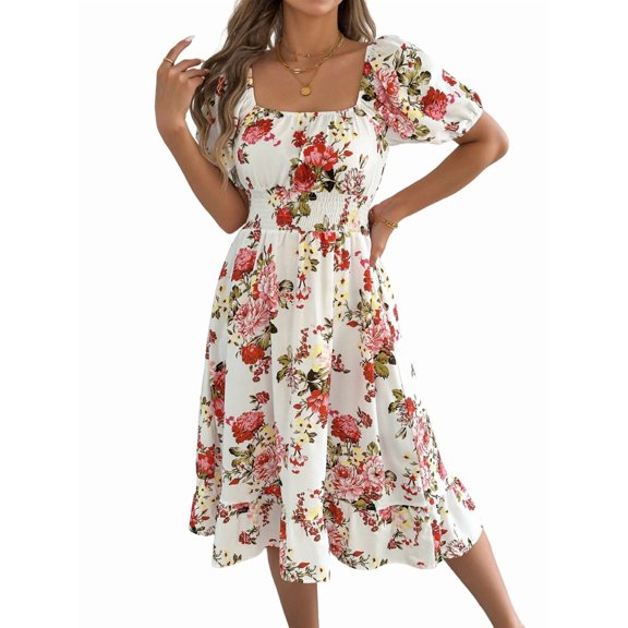 Women Spring Ruffle Off Shoulder Floral Midi Dress Summer Smocked Beach Flowy Long Dresses White M