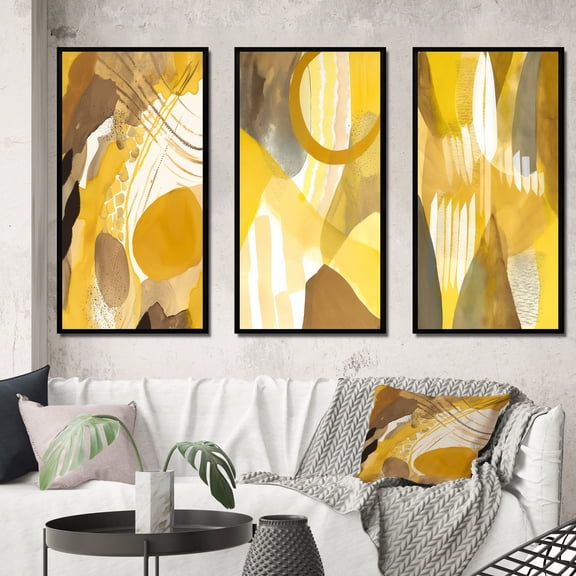 Designart "Retro Mustard Dreams Watercolor VII" Modern Midcentury Framed Wall Art Set Of 3 - Yellow Abstract Midcentury Frame Canvas Set For Living Room Decor