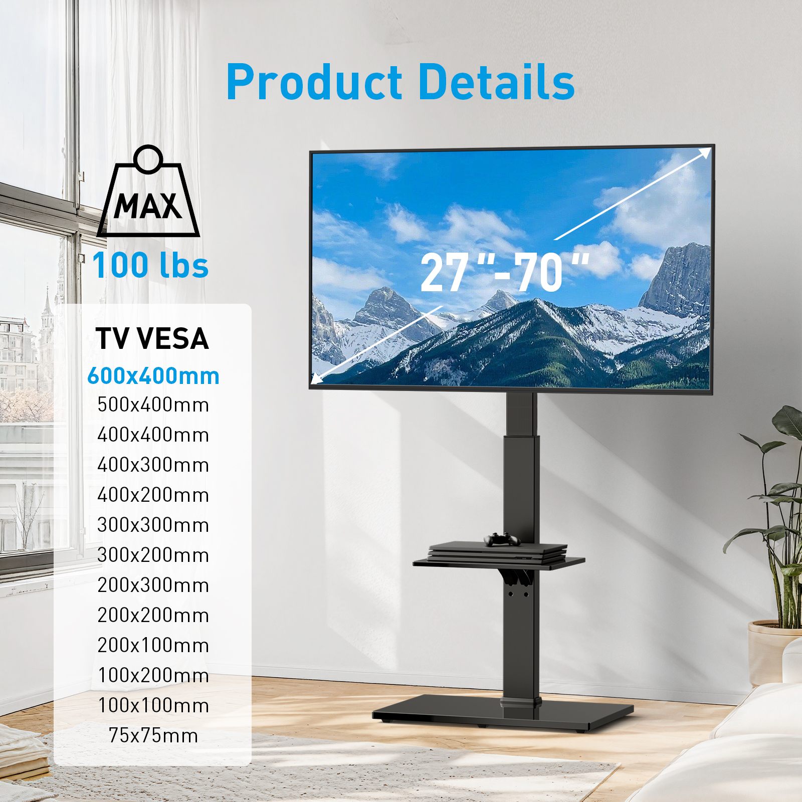 MountFTV Swivel Floor TV Stand with 8-Level Height Adjustment and Tilt for 30-75 inch TVs, Tall TV Stand with Mount Holds up to 110 lbs on Tempered Glass Base, Max 600x400mm