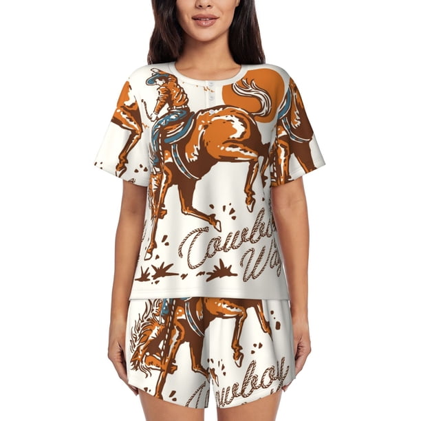 Balery Cowboy Riding Horse Conjunto de Pijama para Mujer con Estampado, Dos Piezas de Manga Corta y Shorts, Ropa de Dormir Suave con Cuello Redondo y Bolsillos-3X-Large