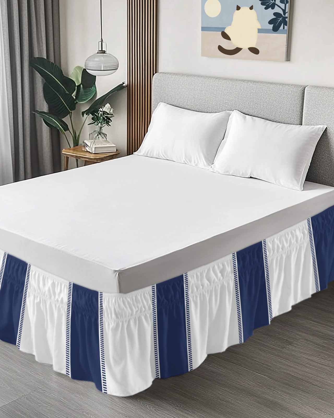 Navy Blue Bed Skirt King Size 16&nbsp;Inch Drop, Stripes Solid Color Wrap Around Dust Ruffle Bedskirts, Wrinkle & Fade Resistant Easy Fit Bedskirt with Adjustable Elastic