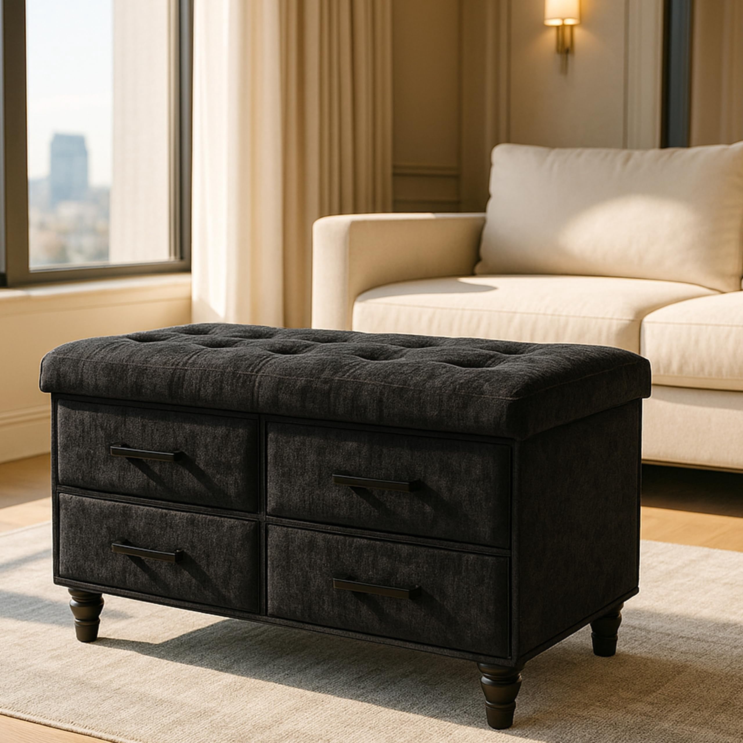 Aria Home 30" Modern Storage Ottoman Bench with 4 Drawers, MDF & Fabric, Black