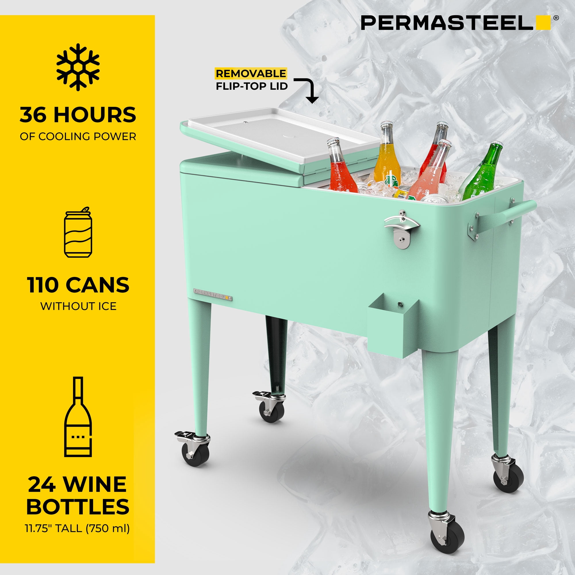 Permasteel Party Cooler with Divider, Spacious 80-Qt Capacity, Chills 36hrs, Serving Tray, Rolling Ice Chest for Indoor and Outdoor Entertainment, Matte Mint