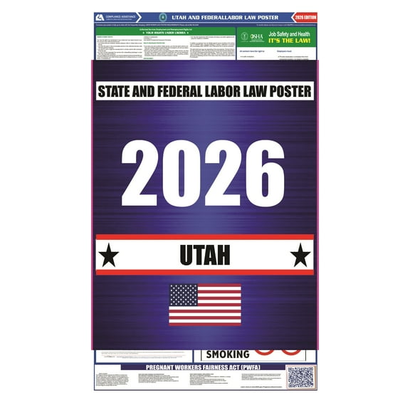 Utah (UT) 2026 State Labor Law Poster - State, Federal and OSHA Compliant Laminated Poster - Perfect for the Workplace Posting - Clear and Easy-to-Read Format - 20 Inch by 36 Inch - English