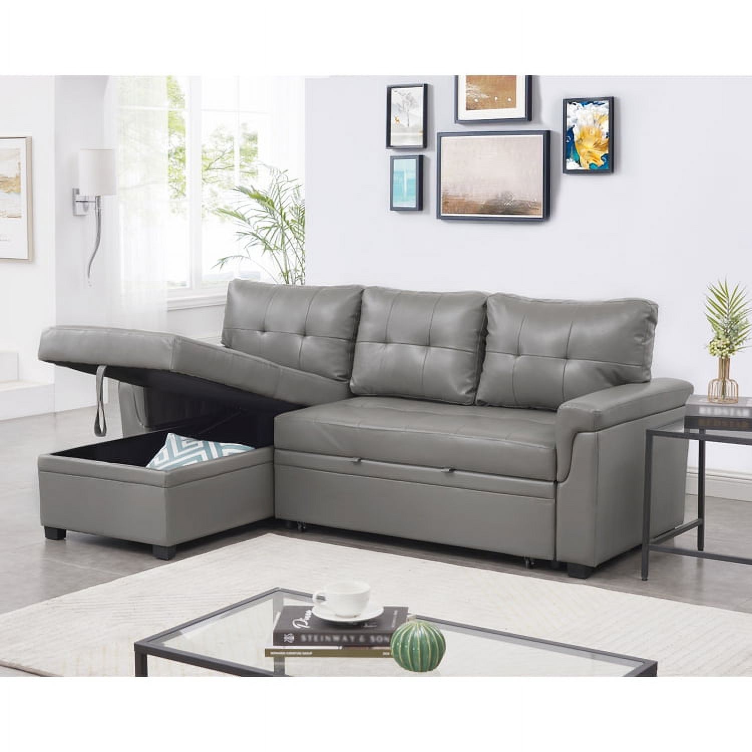 78 in. W Convertible Sleeper Sectional Sofa, L Shaped Couch for Small Space Living Room, Storage Chaise, L Shaped Pull Out Sofa - Gray,Air Leather