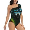 thumbnail image 3 of Uemuo Fluorescent Wolf Print Women's One Piece Swimsuit Asymmetrical Neck Bathing Suit One Shoulder Side Cutout Ruffle Swimwear-Medium, 3 of 6