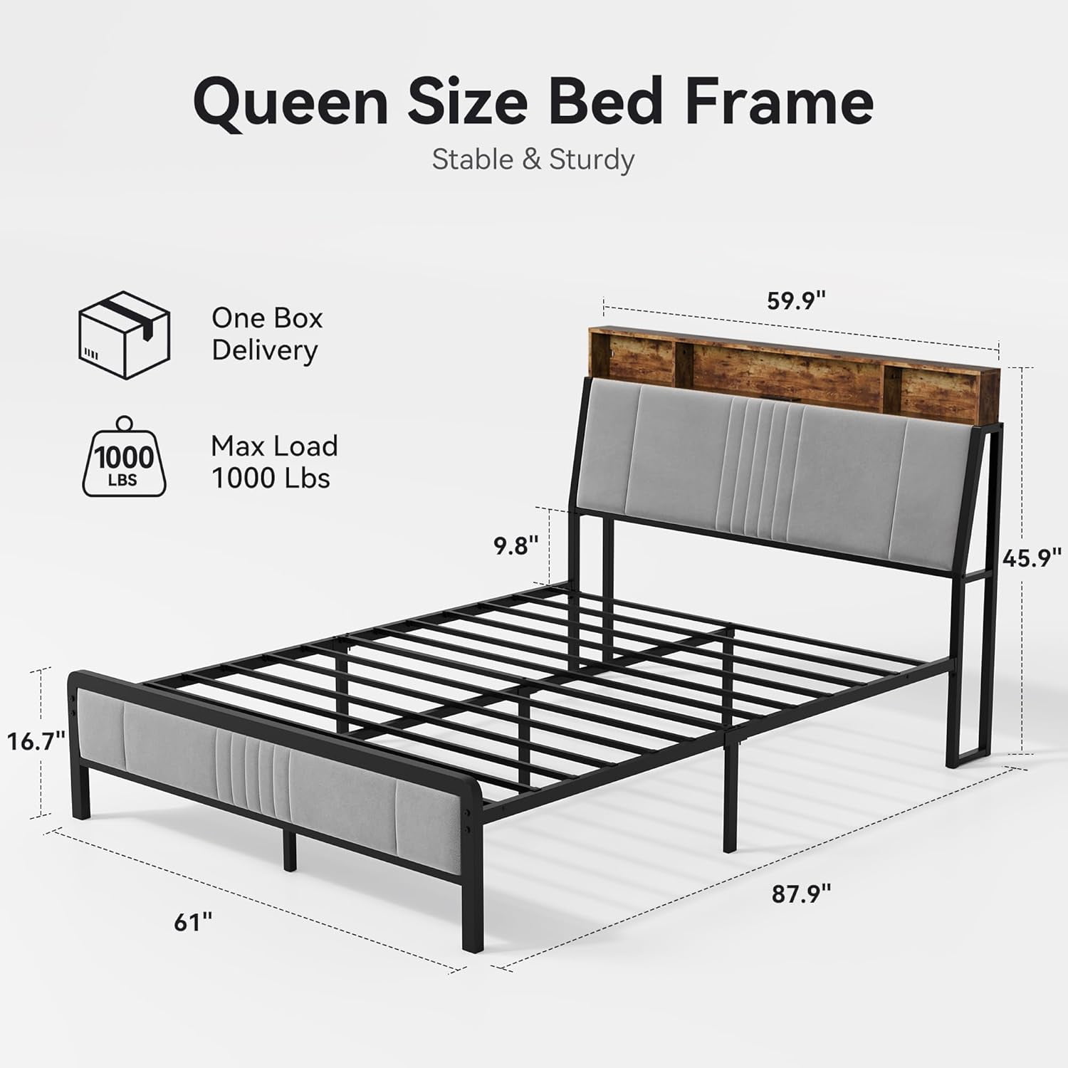 Sailvan Queen Bed Frame with Headboard, Platform Metal Bed Frame Queen Size with Under Storage,  LED Light, Charging Station & Velvet Upholstered, No Box Spring Needed, Noise-Free