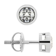 14K Solid White Gold | Round Cut Cubic Zirconia Stud Earrings | .92 CTW Bezel Set | Screw Posts | With Gift Box