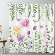 HVEST Purple Floral Shower Curtain for Bathroom Butterfly and Eucalyptus Leaf Country Green Plant Bathroom Shower Curtains with Hooks, Spring Farmhouse Bathroom Curtains Shower Set 72x78 inch