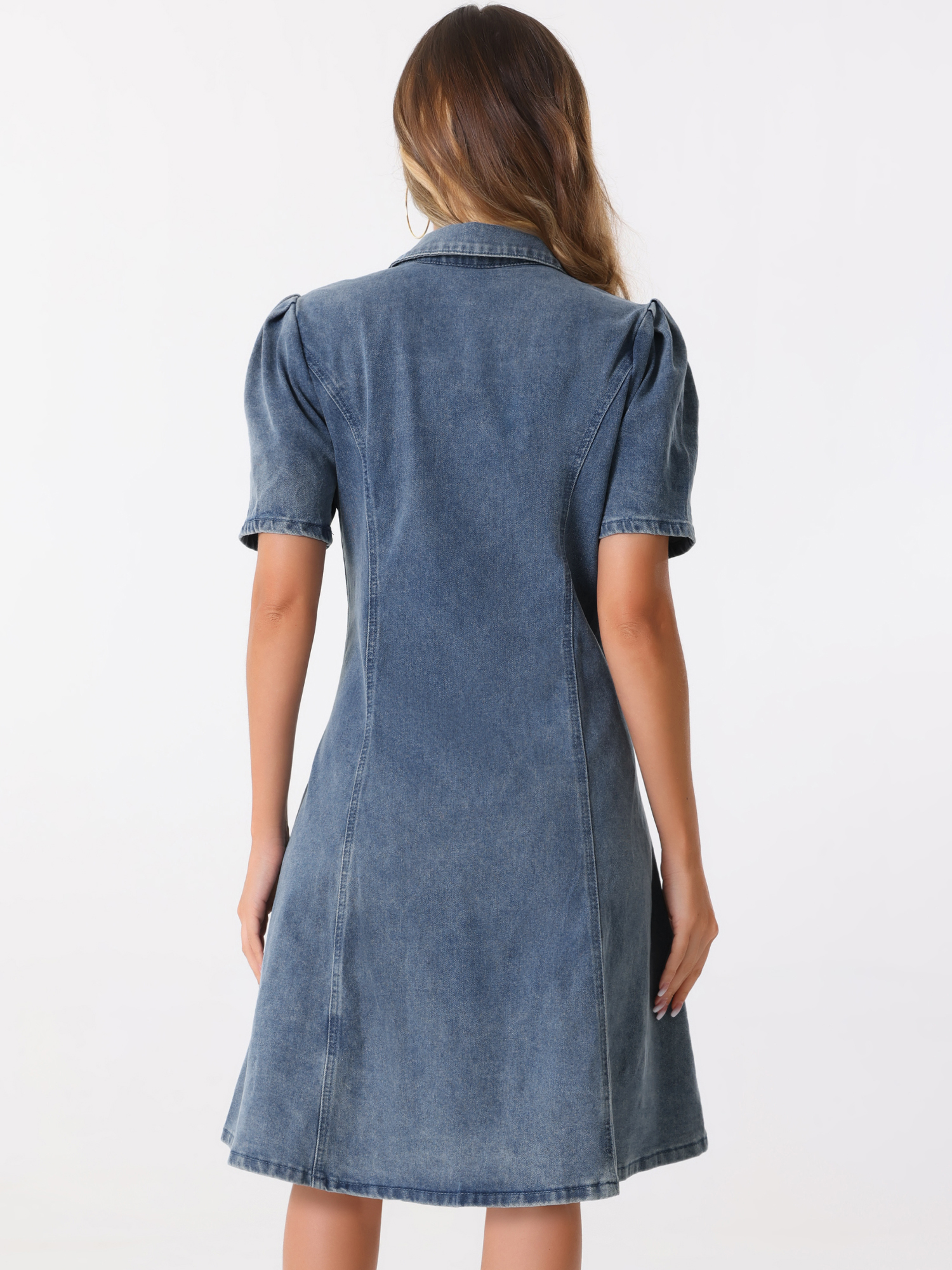 DARING DIVA Puff Sleeve Collared A-Line Dress S Grey Blue