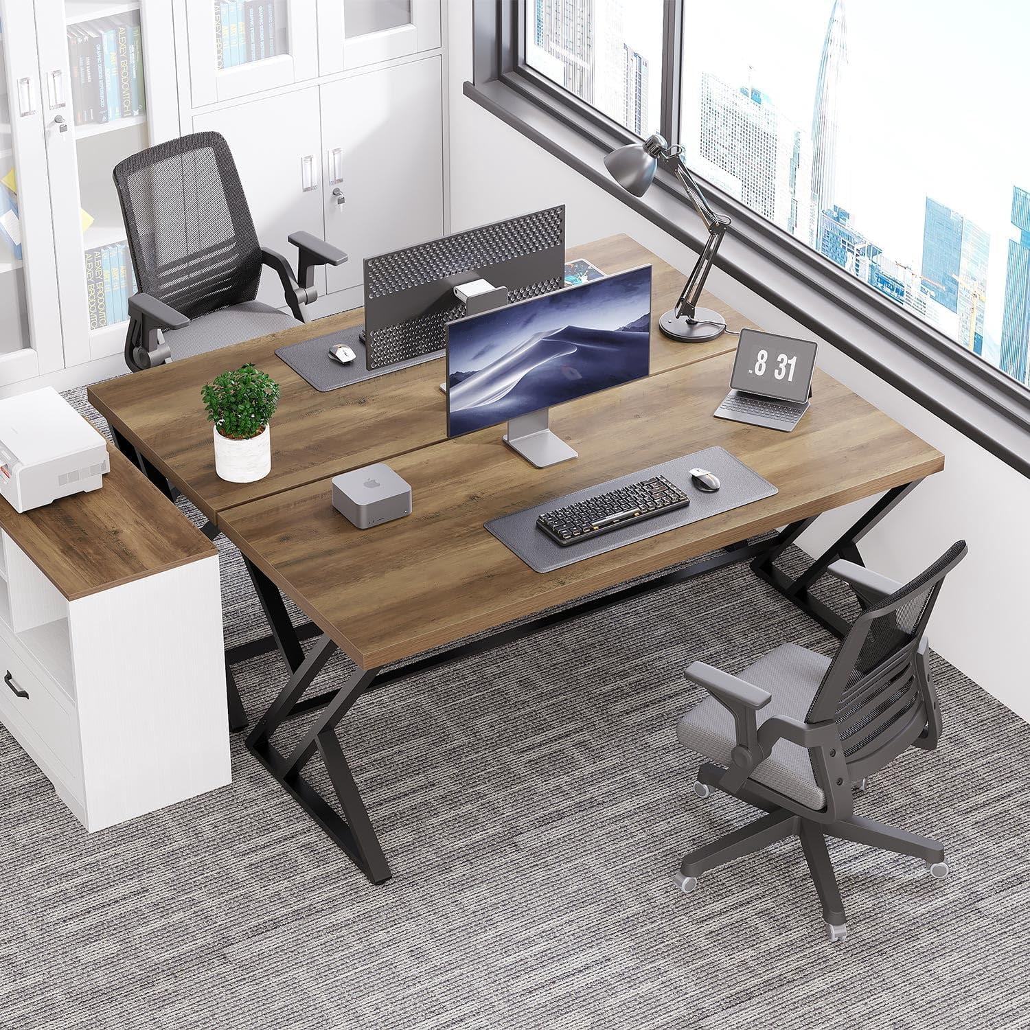 LVB Wood Computer Desk, Rustic Home Office Executive Desk for Bedroom,  Wooden Computer Writing Study Work Gaming Table, Modern Metal PC Student Simple Desk with Storage, 55 Inch, Rustic Oak