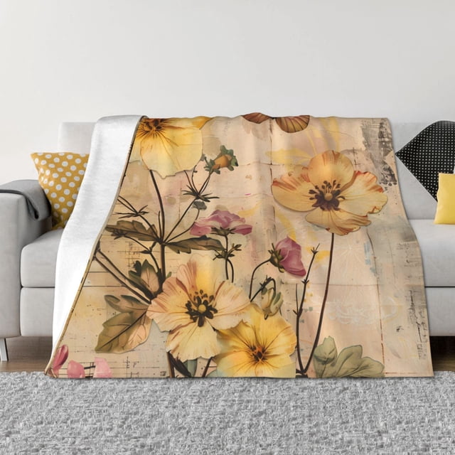 Balery Vintage Floral Butterfly Collage Manta de Franela con Dibujo, Lujo Ultra Suave y Cálido, Antipelusa y Resistente a las Arrugas para Cama, Sofá, Camping -60"x50"
