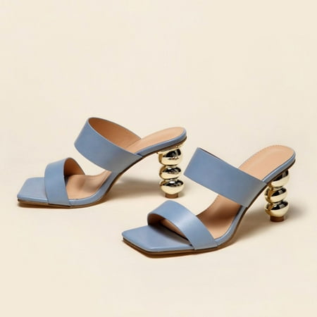 

BRISEZZS Heeled Sandals for Women- Casual Solid Color Square Toe New Style Gourd Skewers Summer Sandals #188 Blue-6