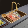 thumbnail image 4 of Kitchen Sink, Sink, 68cm Gold Utility Sink, 201 Stainless Steel, Brushed Finish, Elegant, Fast Drainage in Corner, Large Deep Bowl, Nested Basket for Rinse Thaw, Rustproof, Impact Durable, 4 of 13