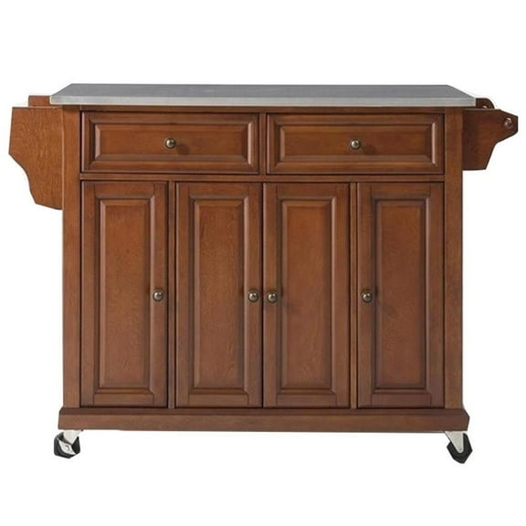 Pemberly Row Traditional Wood/Stainless Steel Kitchen Cart in Cherry