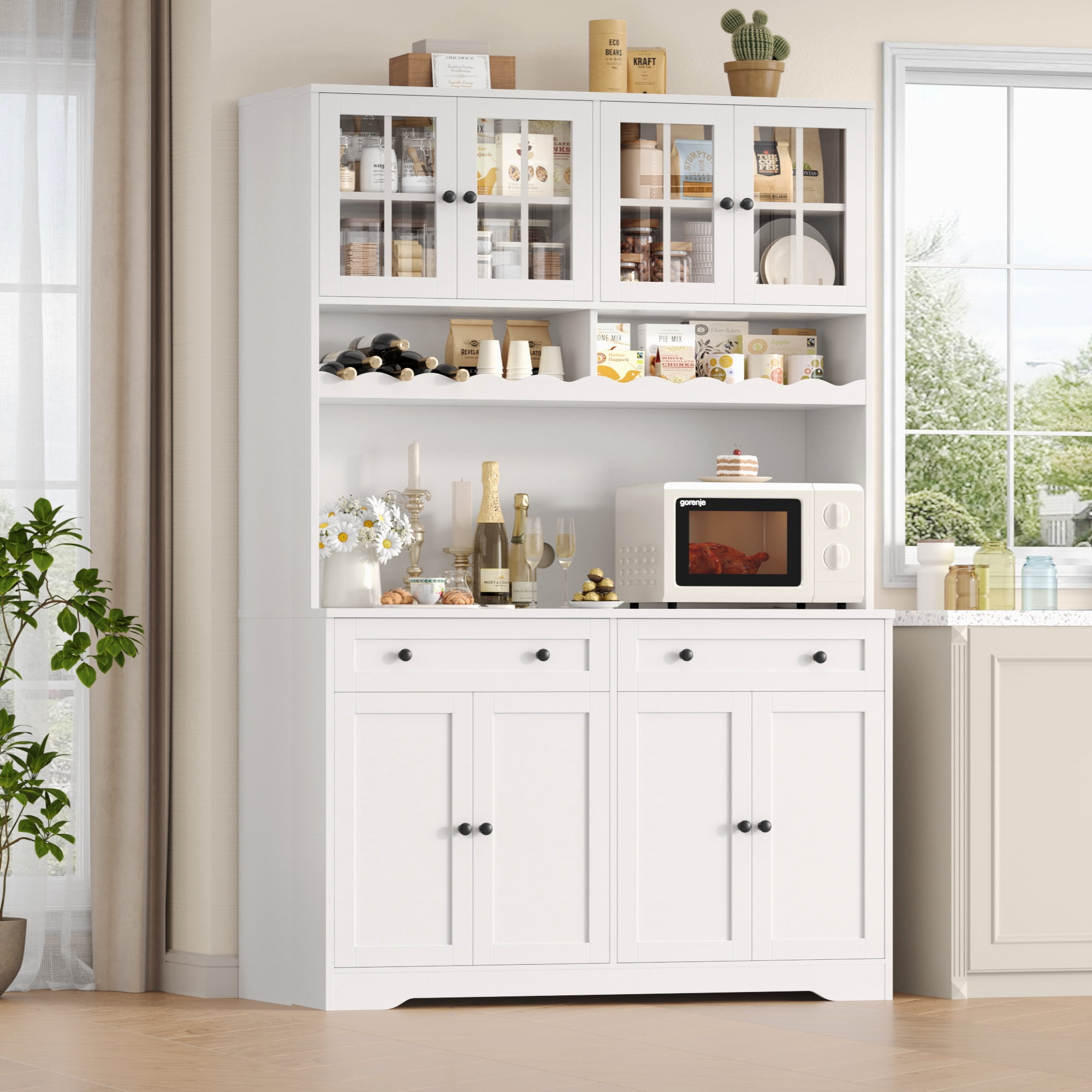 Hiphuta 75"Tall Kitchen Pantry Storage Cabinet with Power Outlet, Large Pantry Cabinet with Microwave Stand, Modern Freestanding Cupboard Hutch for Home Dinning Room, White