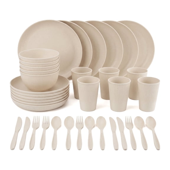 Shihaoyuan Unbreakable Wheat Straw Dinnerware Set, Plates and Bowls for 6, Beige, 36 Pieces