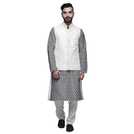 

Atasi Mens Kurta Pajama Jacket Indian Mandarin Collar Printed Ethnic Wear Set