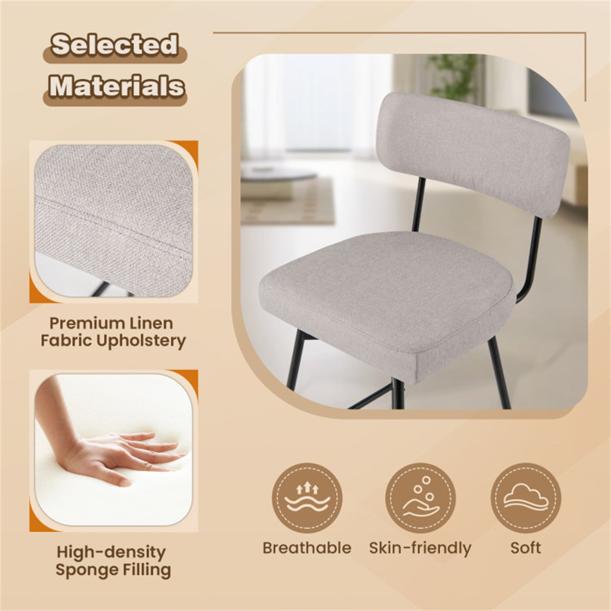 Demi Bonn 25" 2-Piece Modern Upholstered Bar Stools with Back and Footrests, Modern Dining Chair, Beige